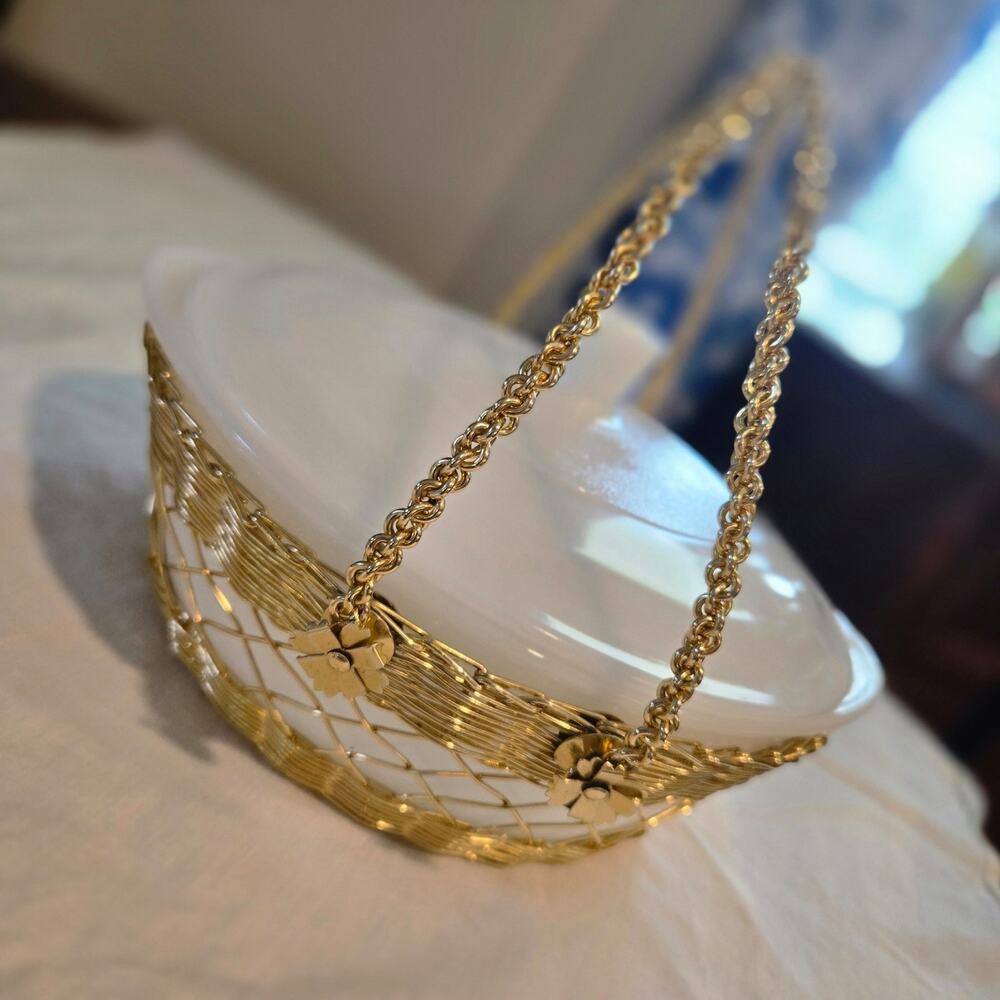 Vintage Glasbake Casserole Dish with Lid & Gold Tone Holder from Japan